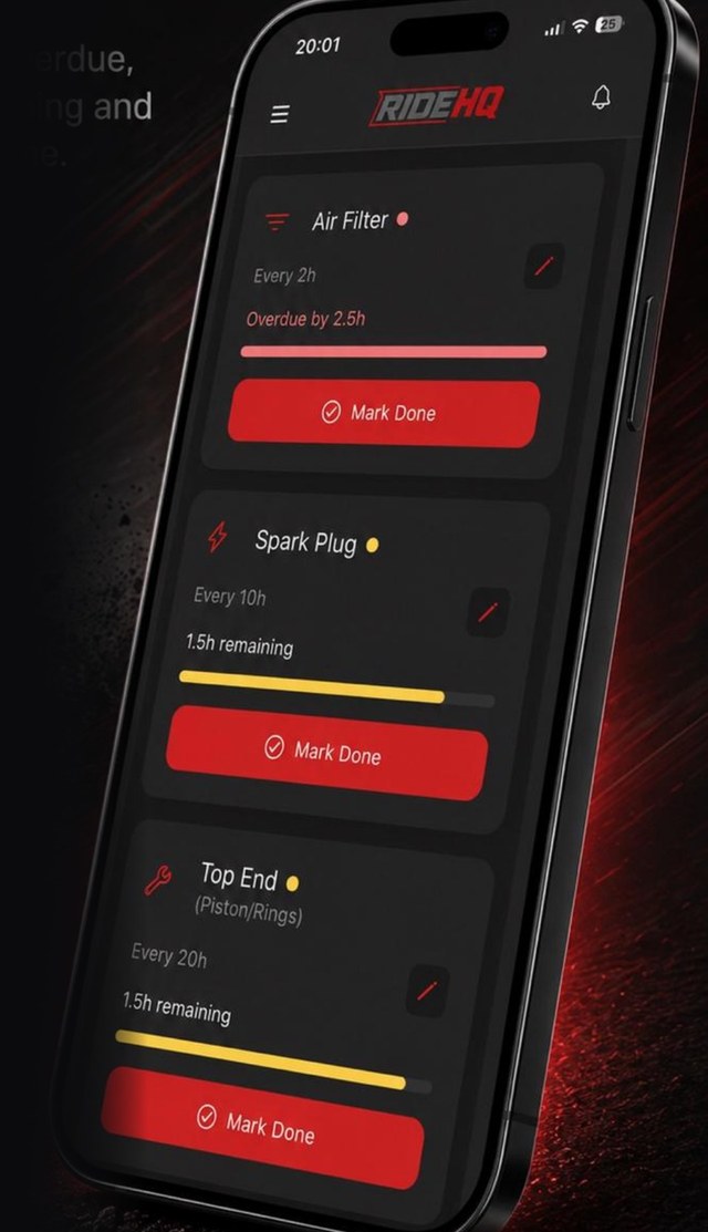RideHQ app showing air filter, spark plug and top-end maintenance reminders